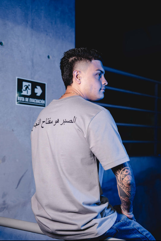 CAMISETA BÁSICA GRIS CON MENSAJE EGIPCIO
